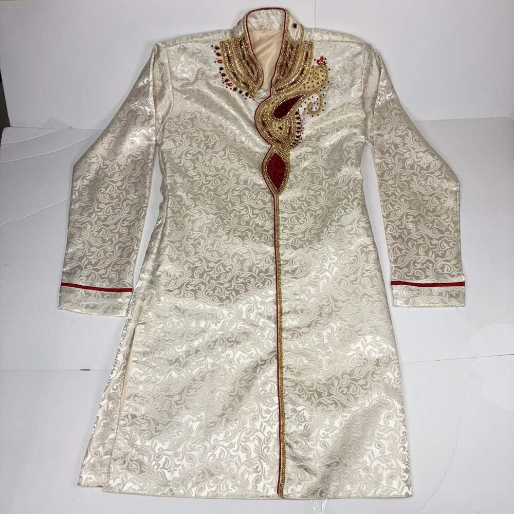 Ivory and Red Men Embellished Brocade Sherwani Size Medium